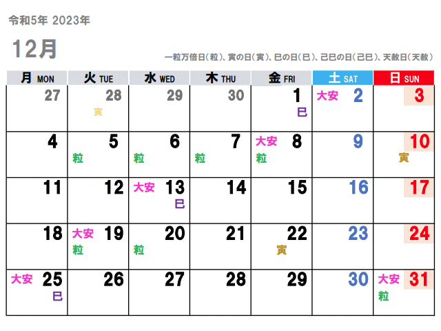 2023年12月（令和5年）の金運吉日はコチラ！