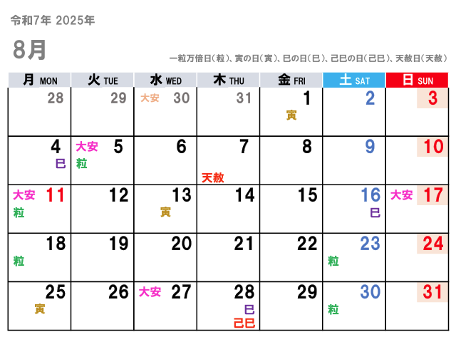 2025年8月（令和7年）の金運吉日はコチラ！